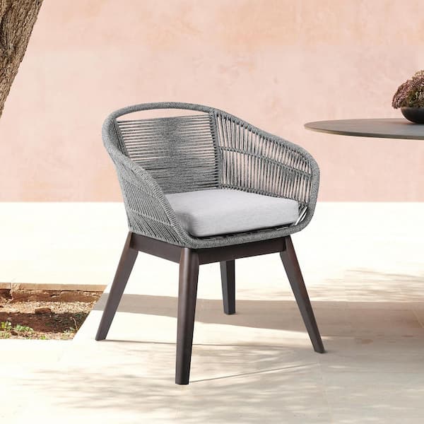 Armen Living Tutti Frutti Cushioned Eucalyptus Wood Indoor Outdoor Dining Arm Chair in Dark with Latte Rope and Grey Cushions