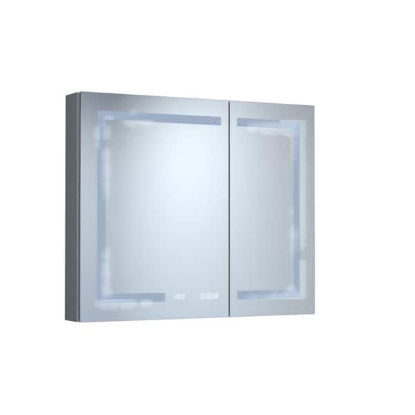 36 in. W x 30 in. H Rectangular Aluminum Dimmable LED Lighted Fogless Bathroom Medicine Cabinet with Mirror and Clock