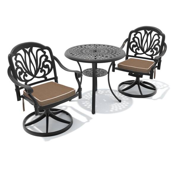3-Piece Black Cast Aluminum Patio Outdoor Dining Set with Round Table and 2 Swivel Chairs with Brown Cushions