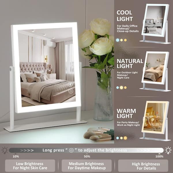 12 in. W x 14 in. H Tabletop Rectangular Framed Adjustable Brightness Smart Touch Bedroom Makeup Mirror White