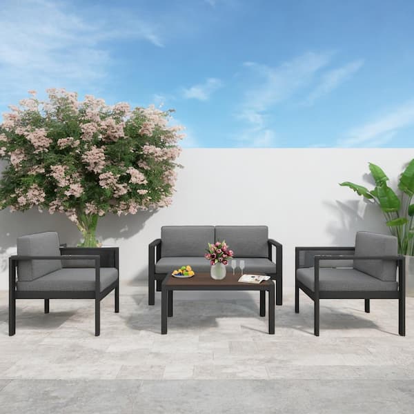 Unbranded 4 Piece Aluminum Patio Conversation Set with Grey Cushions