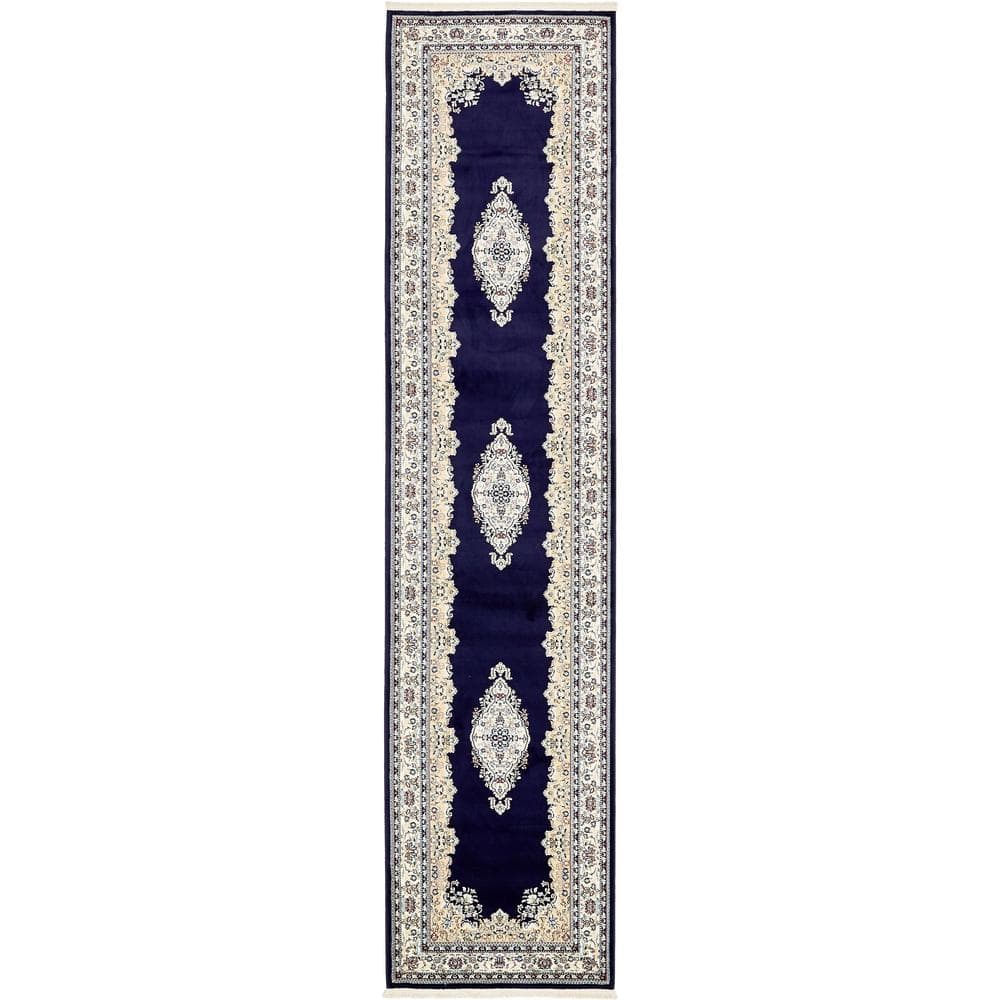 Navy Blue and Tan Stain-Resistant Synthetic Runner Rug