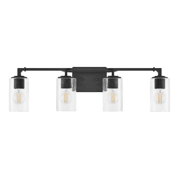 Helenwood 30.75 in. 4-Light Matte Black Bathroom Vanity Light with Clear Seeded Glass