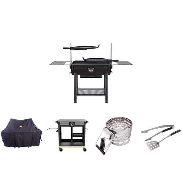 Fire Barrel Charcoal Grill (480 sq. in.), Grill Cover, Rolling Cart (600 sq. in.), Starter and Grilling Set, 2-Piece