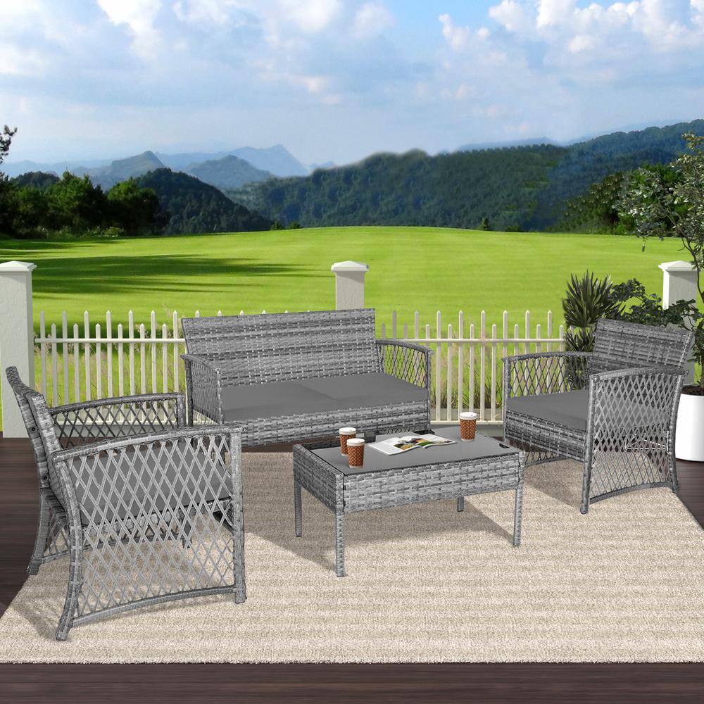 Gray 4-Piece Outdoor Patio Conversation Set with Wicker and Steel