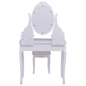 5-Drawer White Vanity Table Set with 360° Rotating Oval Mirror and Cushioned Stool