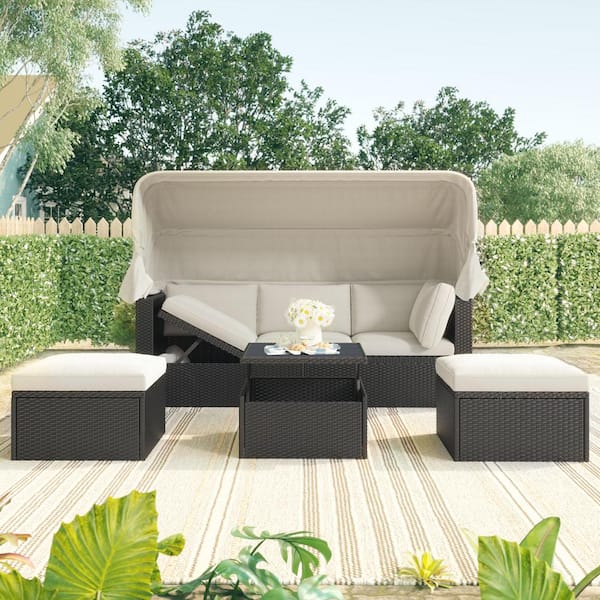 Zeus & Ruta 4-Piece Wicker Patio Conversation Set with Beige Cushions Daybed with Retractable Canopy for Backyard, Porch