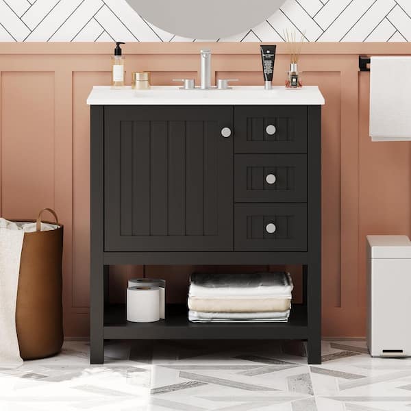 30 in. Single Sink Transitional Style Classic Black Cabinet Bath Vanity with White Ceramic Top