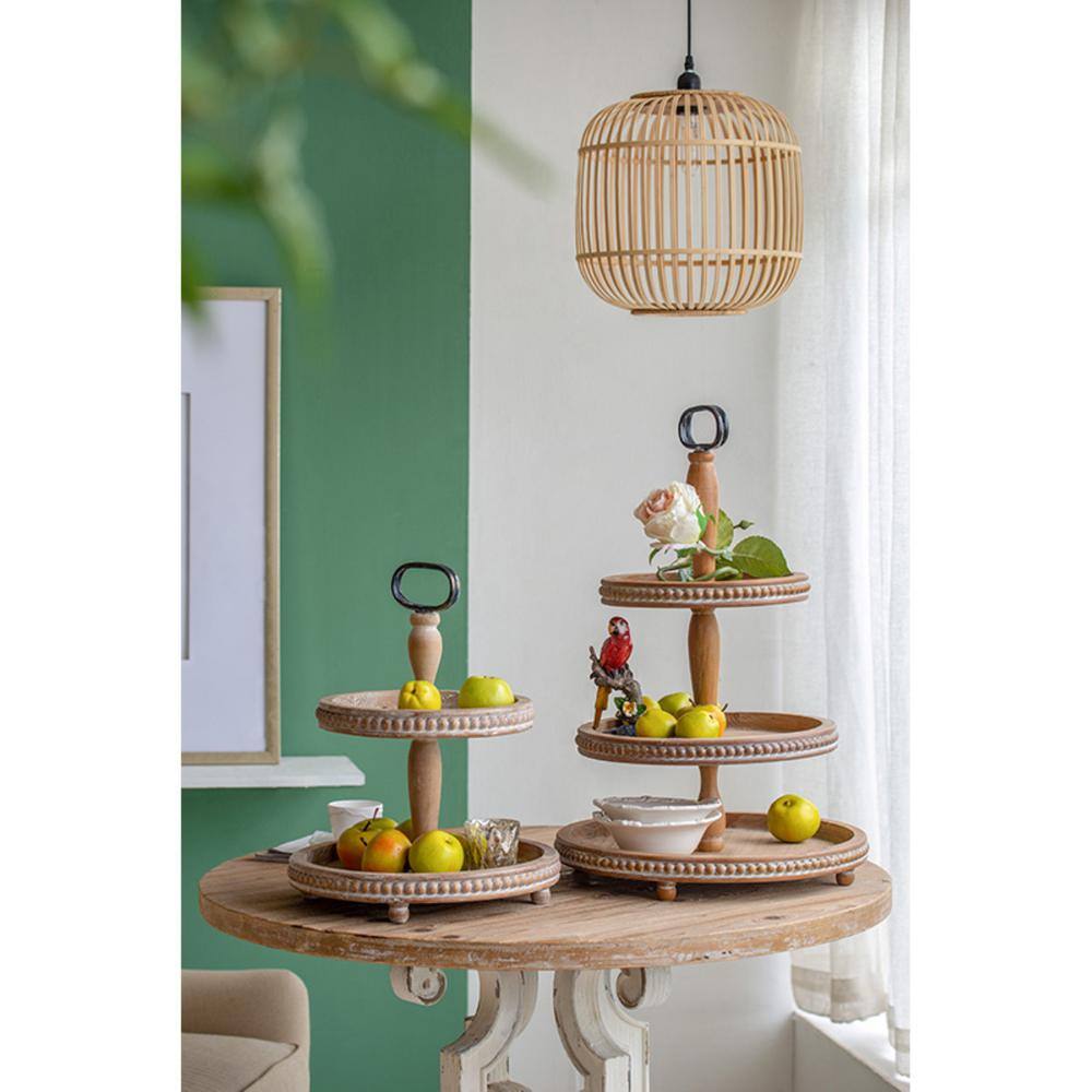 Antique Whitewash 3-Tier Wooden Serving Tray with Metal Handle