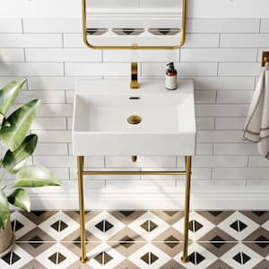 24 in. Ceramic White Rectangular Bathroom Console Sink with Golden Legs and Overflow