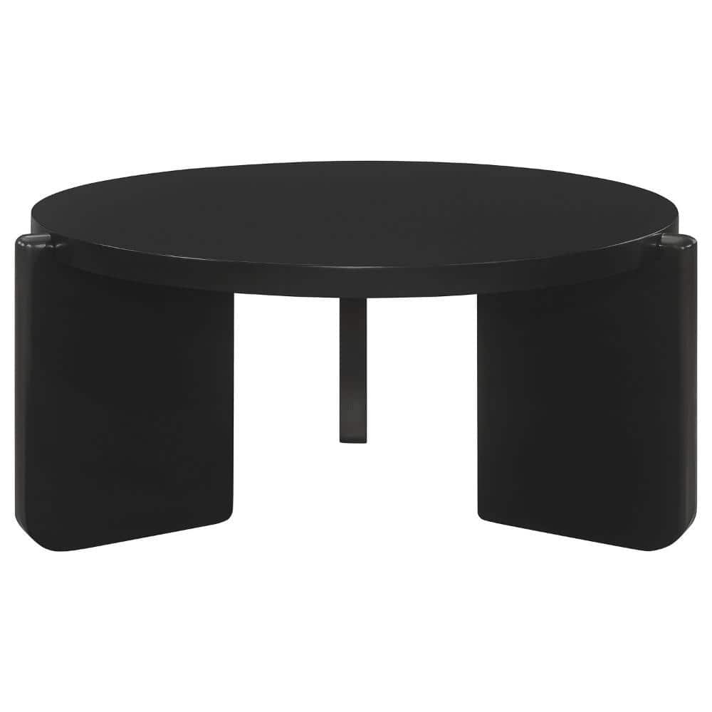 Kiya 39 Inch Black Solid Wood Round Coffee Table with Panel Legs