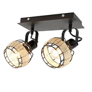 0.82 ft. 2-Light Matte Black Track Lighting Kit with Rattan Shades