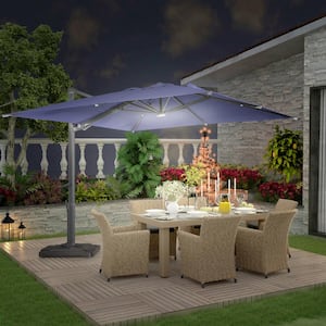 High-Quality 10 ft. Aluminum Square Cantilever Outdoor Patio Umbrella LED Lights 360-Degree Rotation in Blue with Base