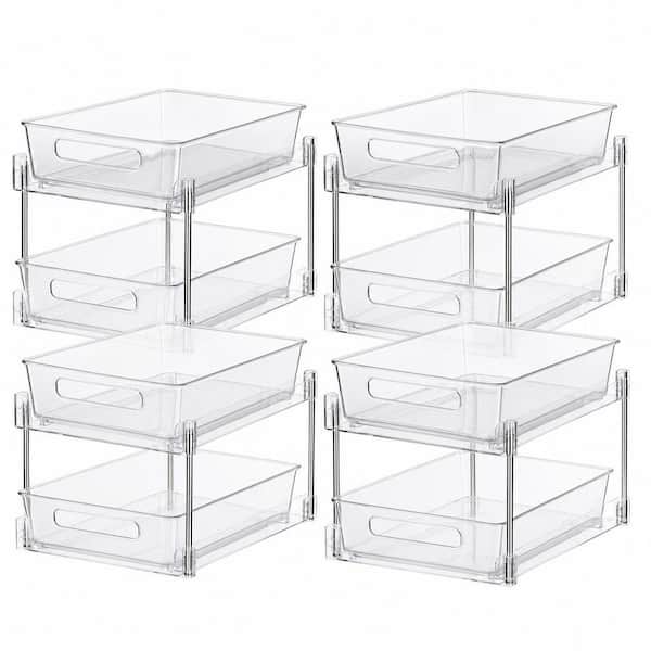 4 Piece Clear Plastic 2 Tier Under Sink Organizers Vanity Countertop Storage Container, Pull-Out Organization with Track