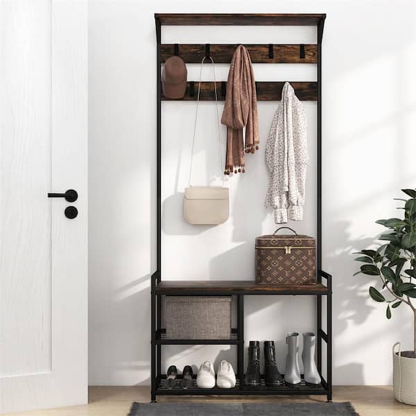 Rustic Brown 3 in. 1-Coat Rack Industrial Hall Tree Shoe Bench Entryway Storage Shelf with Hooks
