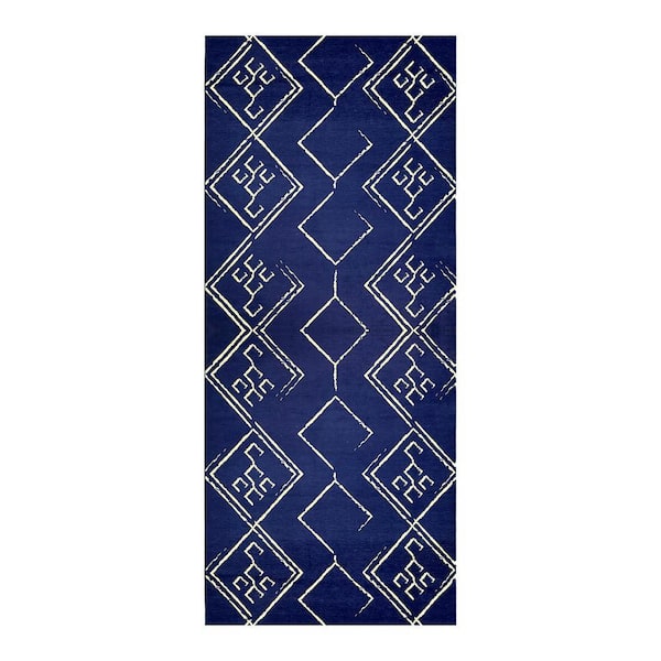 Aspen Navy Creme 2 ft. 2 in.. X 6 ft. Machine Washable Tribal Moroccan Bohemian Polyester Non-Slip Backing Area Rug