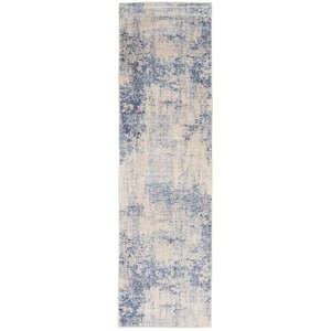 Silky Textures Ivory/Blue 2 ft. x 8 ft. Abstract Contemporary Runner Area Rug