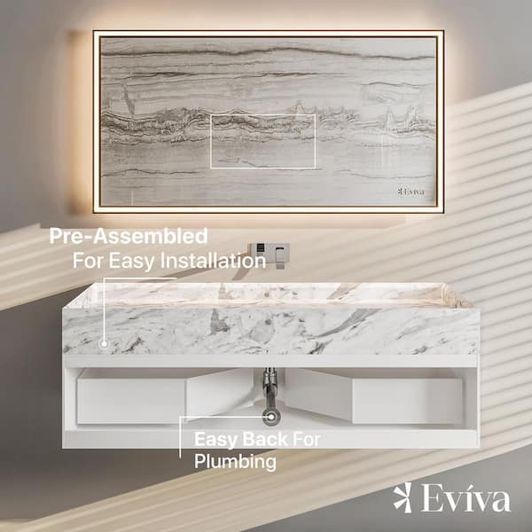 Eviva Fritti 48 in. W x 20 in. D x 16.5 in. H Floating Bathroom Vanity in White with White Carrara Marble Top with Trough Sink