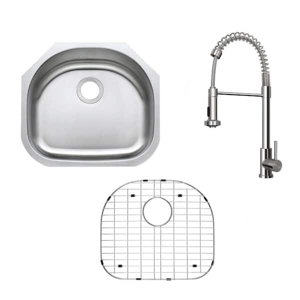 23 in. Undermount Single Bowl 18-Gauge Stainless Steel D-Shape Kitchen Sink with Sprayer Industrial Style Kitchen Faucet