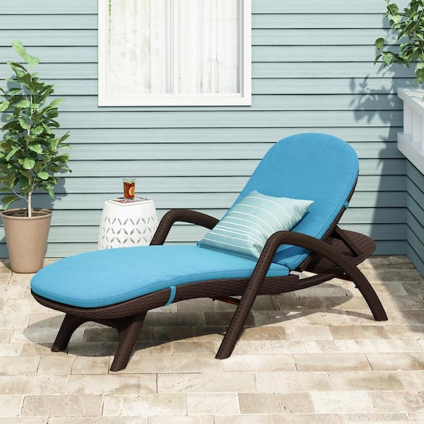 Unbranded Polypropylene Composite Outdoor Chaise Lounge with Blue Cushions, Dark Brown for Porch, Balcony, Deck, Patio, Backyard