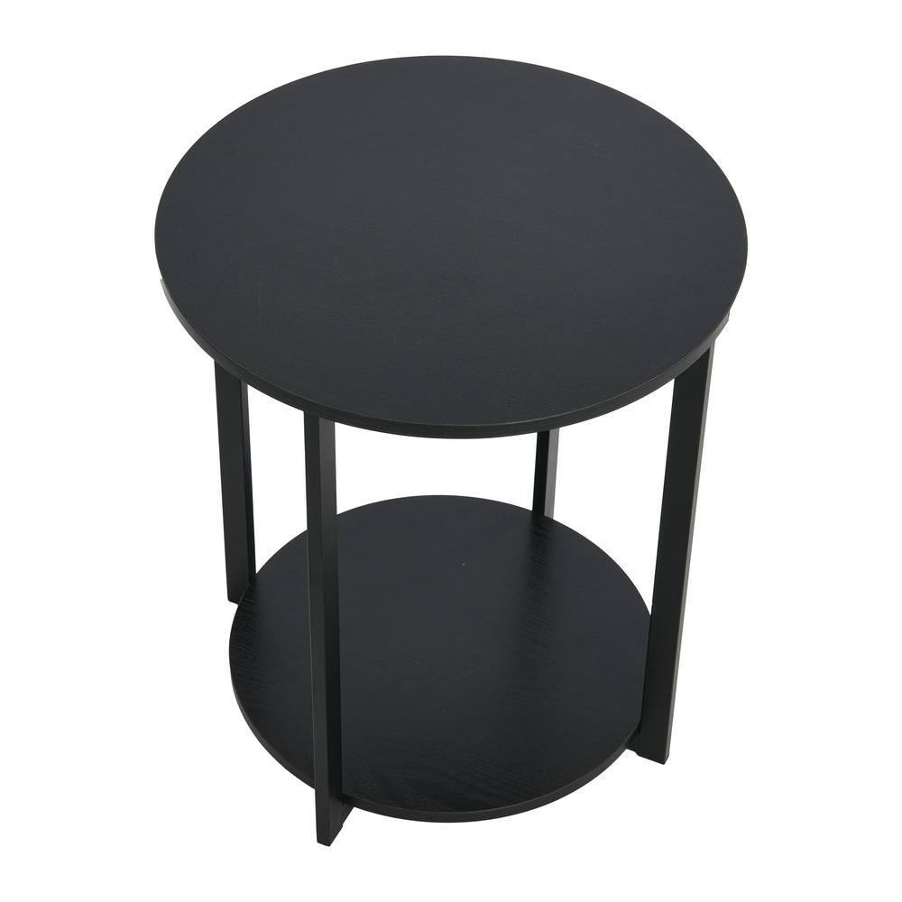 Black Oak and Steel Round End Table with Shelf