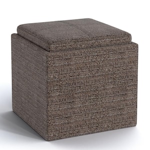 Rockwood 17 in. Wide Contemporary Square Cube Storage Ottoman with Tray in Mink Brown Tweed Fabric
