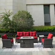 Gray 5-Piece Outdoor Rattan Wicker Patio Fire Pit Conversation Sofa Set with Red Cushions