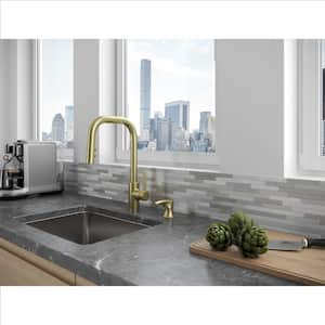 Zanna Single Handle Pull Down Sprayer Kitchen Faucet with Deckplate and Soap Dispenser in Brushed Gold