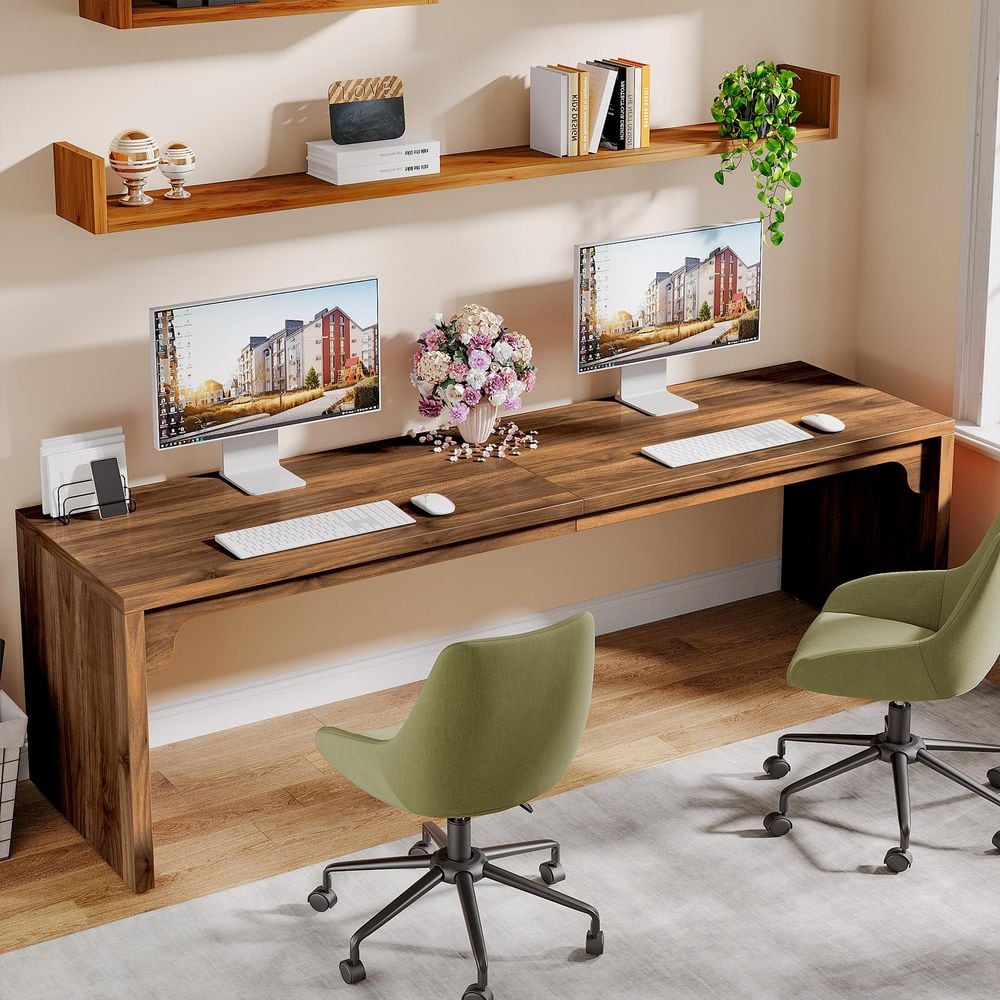 BYBLIGHT 78.7 in. Rectangle Medium Walnut Brown Wood Computer Desk