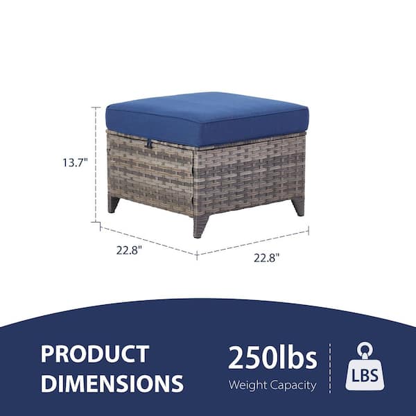 New Kalixx Gray Wicker Outdoor Patio Ottoman with Blue Cushions (Set of 2)