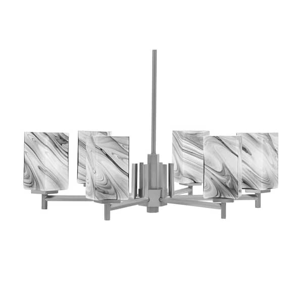 Unbranded Bridgewater 24.5 in. 6-Light Graphite Chandelier with 3.5 in.Quare Onyx Swirl Glass Shades, No Bulbs Included