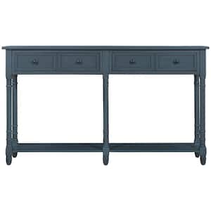Retro Style Entryway Tables 58 in. Rectangle Antique Blue Wood Console Table with 2-Drawers and Bottom Shelf