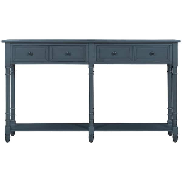 LUCKY ONE Retro Style Entryway Tables 58 in. Rectangle Antique Blue Wood Console Table with 2-Drawers and Bottom Shelf