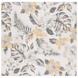 Sunrise Ivory/Gray Gold 7 ft. x 7 ft. Oversized Floral Reversible Indoor/Outdoor Square Area Rug