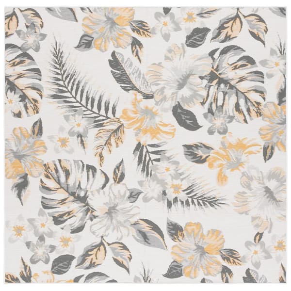 SAFAVIEH Sunrise Ivory/Gray Gold 7 ft. x 7 ft. Oversized Floral Reversible Indoor/Outdoor Square Area Rug
