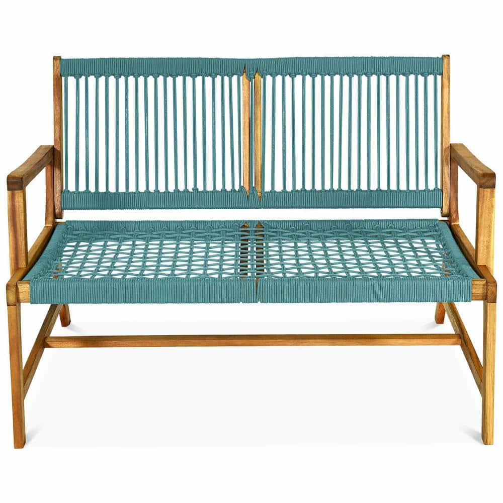Turquoise Acacia Wood and Rope 2-Person Outdoor Bench