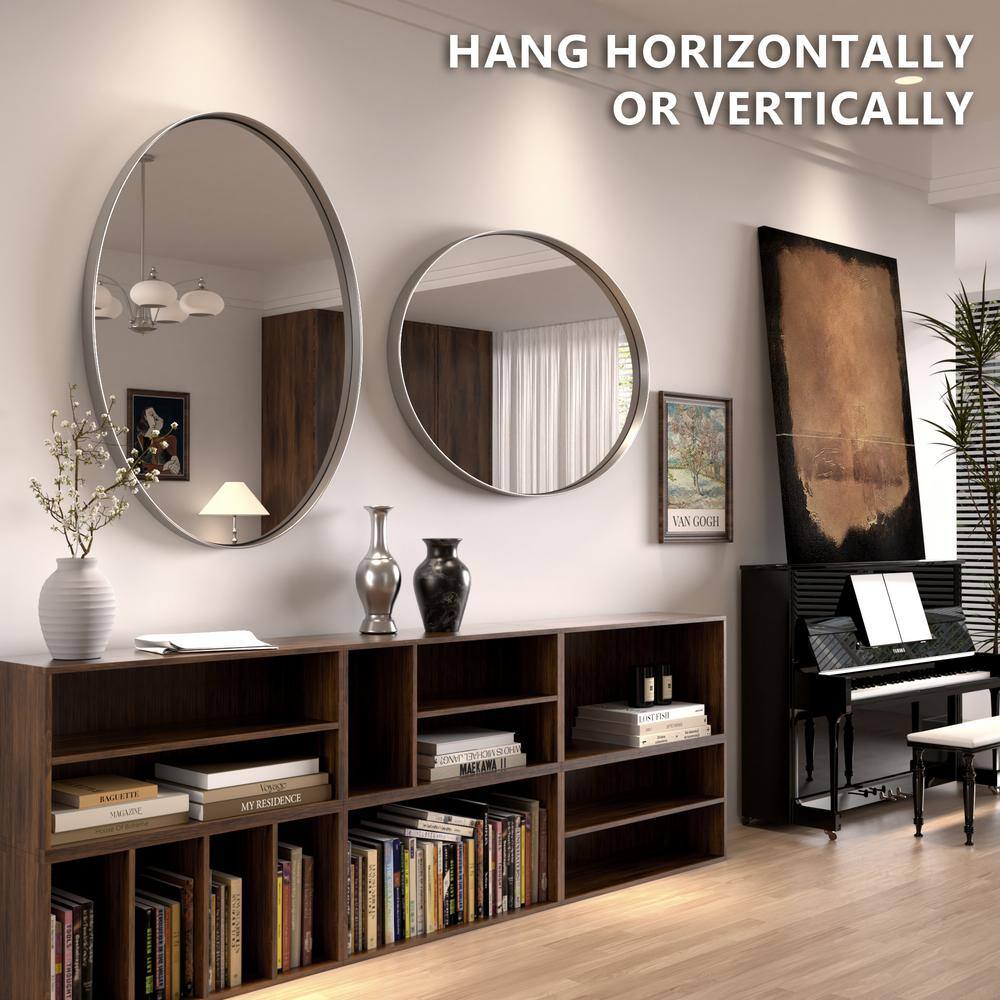 Modern Polished Silver Oval Vanity Mirror with Stainless Steel Frame