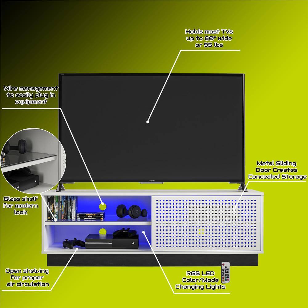 Contemporary White Gamer TV Stand with LED & Wire Management