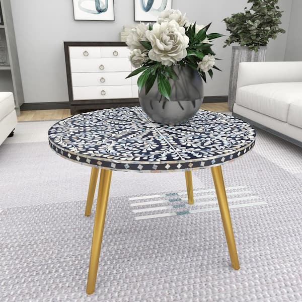 Litton Lane 30 in. x 21 in. Round Black Wood Coffee Table with Irridescent White Shell Patterned Inlay and Gold Metal Base