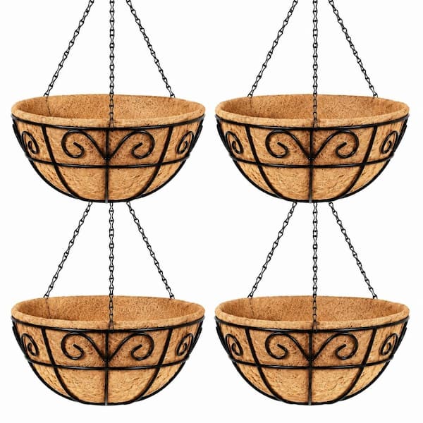 4-Pack 14 in. Round Metal Hanging Baskets with Coco Fiber Liners and Chains for Garden Patio Deck Porch Flowers