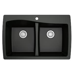 Drop-In Quartz Composite 34 in. 1-Hole 50/50 Double Bowl Kitchen Sink in Black