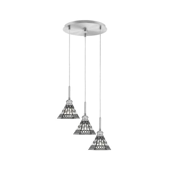 Albany 60-Watt 13.25 in. 3-Light Brushed Nickel Cord Pendant Light Pewter Art Glass Shade