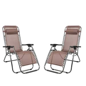 Outdoor Brown 2-Pieces Zero Gravity Steel Textiliene Recliner Lounge Chair in Brown