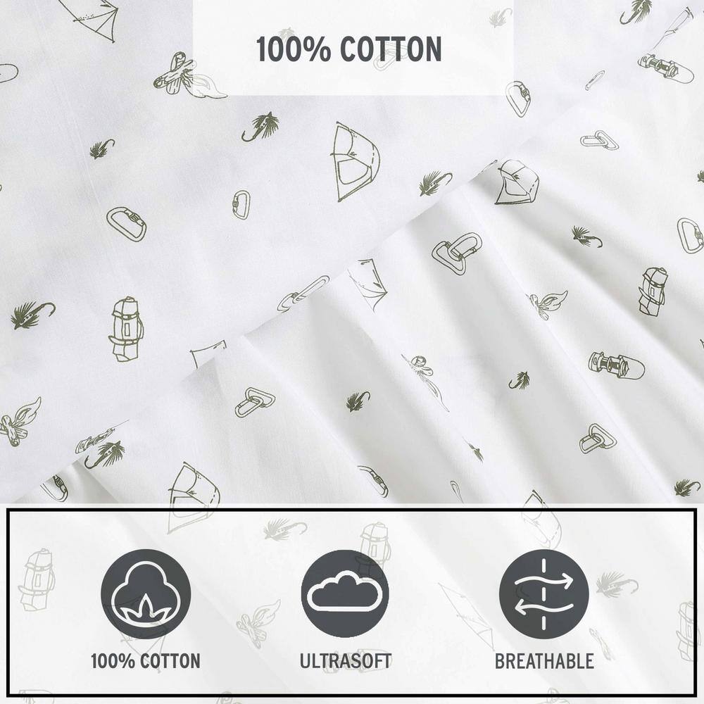 White Cotton Percale Twin Sheet Set with Outdoor Print