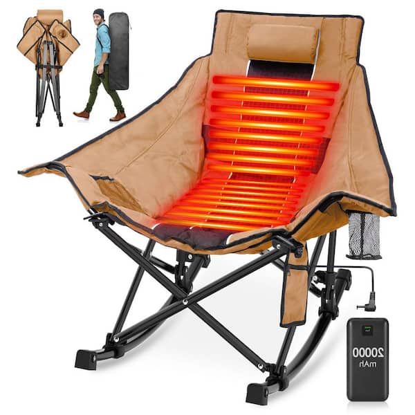 Khaki Oversized Heated Rocking Camping Chair, Portable Folding Heated Chairs Outdoor Sports with Power Bank