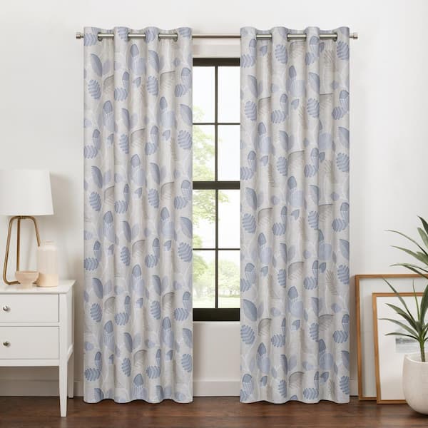Eclipse Larissa Leaf Sky Blue Polyester Botanical 50 in. W x 84 in. L Grommet 100% Blackout Curtain (Single Panel)