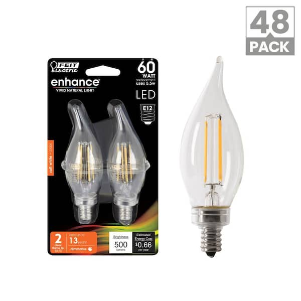 60-Watt Equivalent BA10 E12 Candelabra Dimmable Filament CEC Clear Glass Chandelier LED Light Bulb, Soft White (48-Pack)