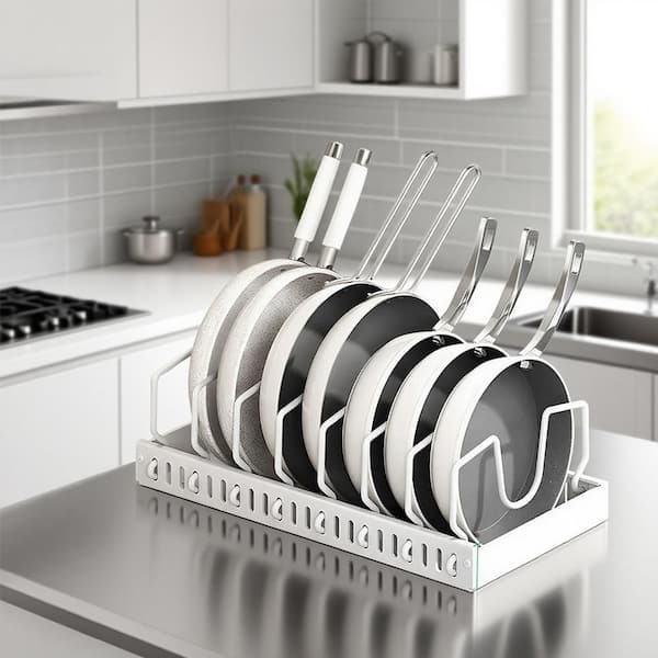 Wall Mounted Pull-Out Pots and Pans Cabinet Organizer Pot Rack (8 Adjustable Dividers, Damping Rail) in Black