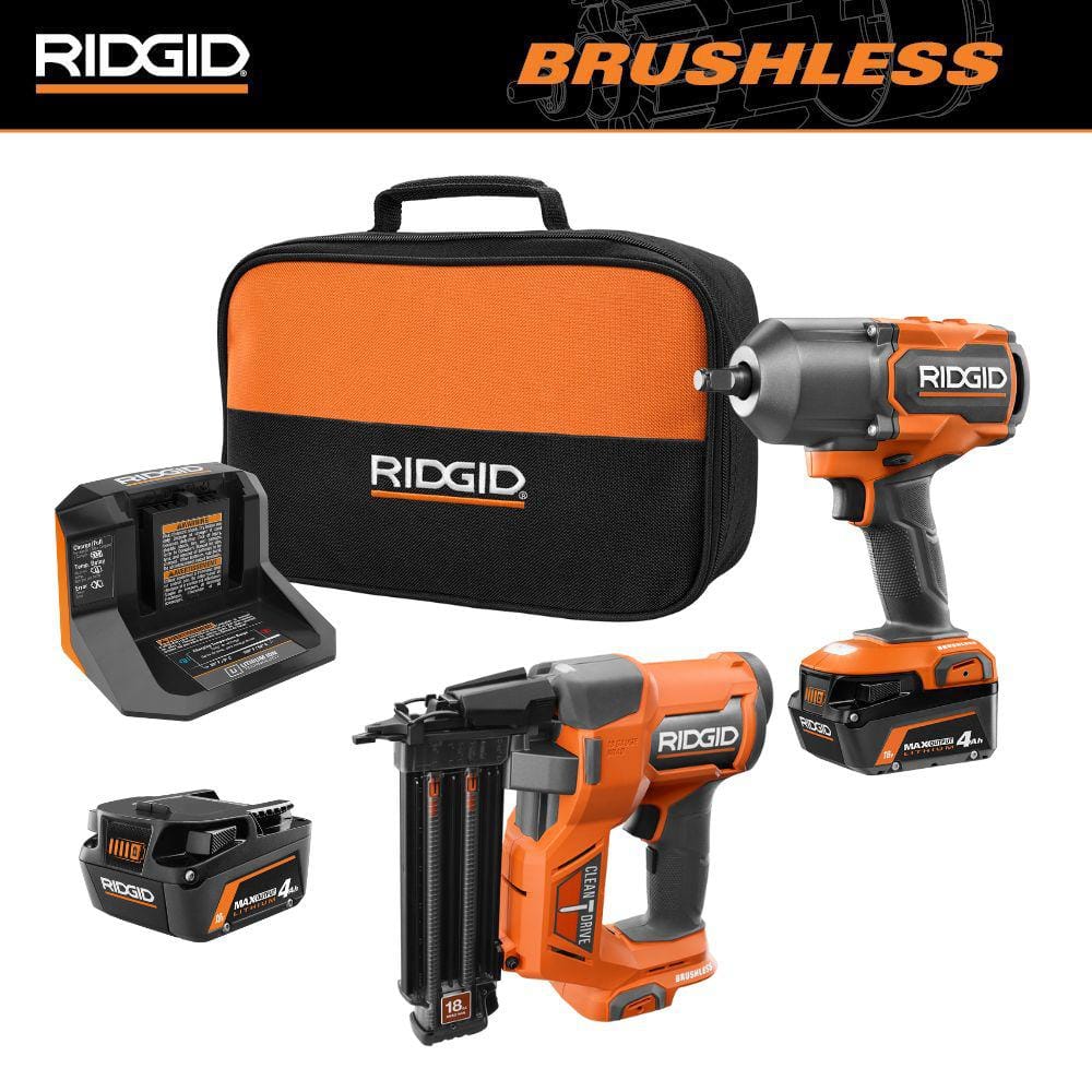 RIDGID 18V Brushless Cordless 4-Mode 1/2 in. High-Torque Impact Wrench Kit w/ (2) 4.0 Ah Batteries, Charger, & 18GA Brad Nailer (R8621209891)