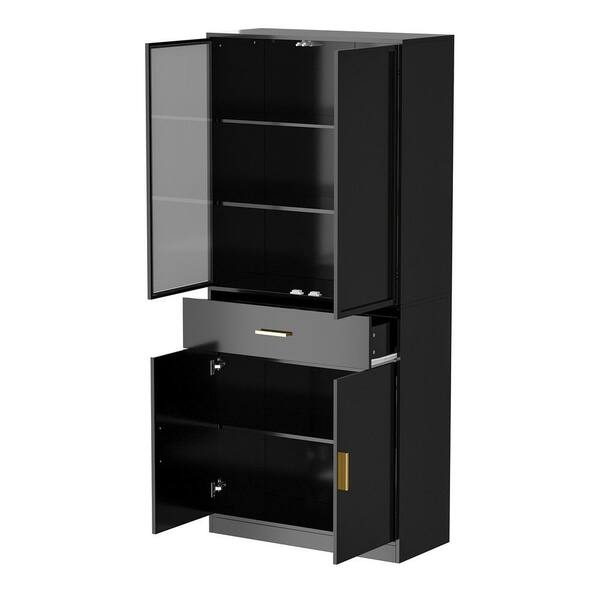 FUFU&GAGA Black Glass Doors Wood Storage with Open Shelves, Drawer and 2Door